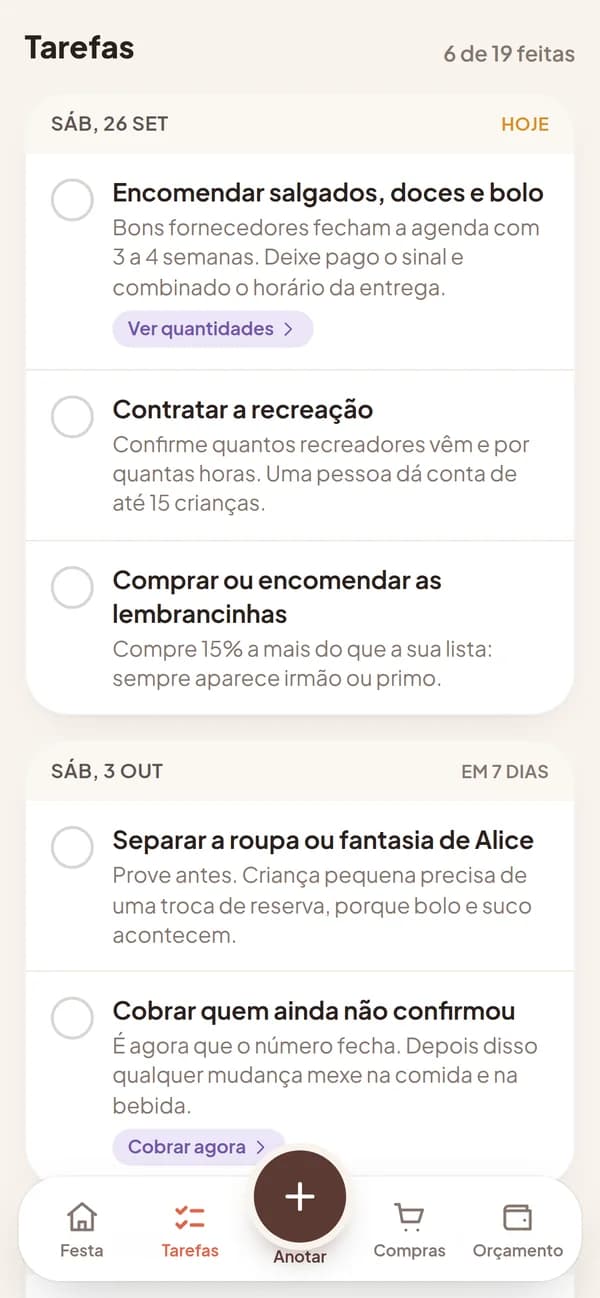 Tela do app com as tarefas da festa organizadas por semana