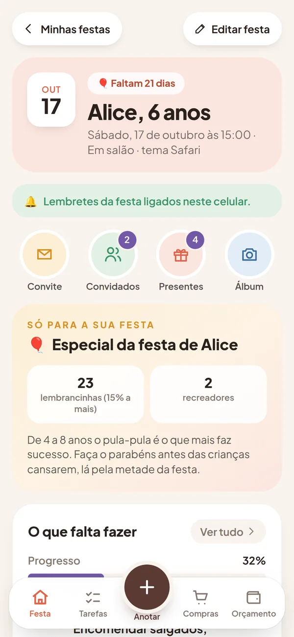 Tela da festa no app, com a contagem regressiva, os convidados e as tarefas